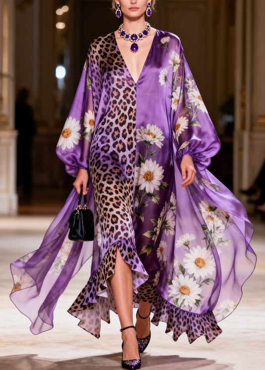Style Purple V Neck Print Ruffled Patchwork Silk Long Dresses Summer
