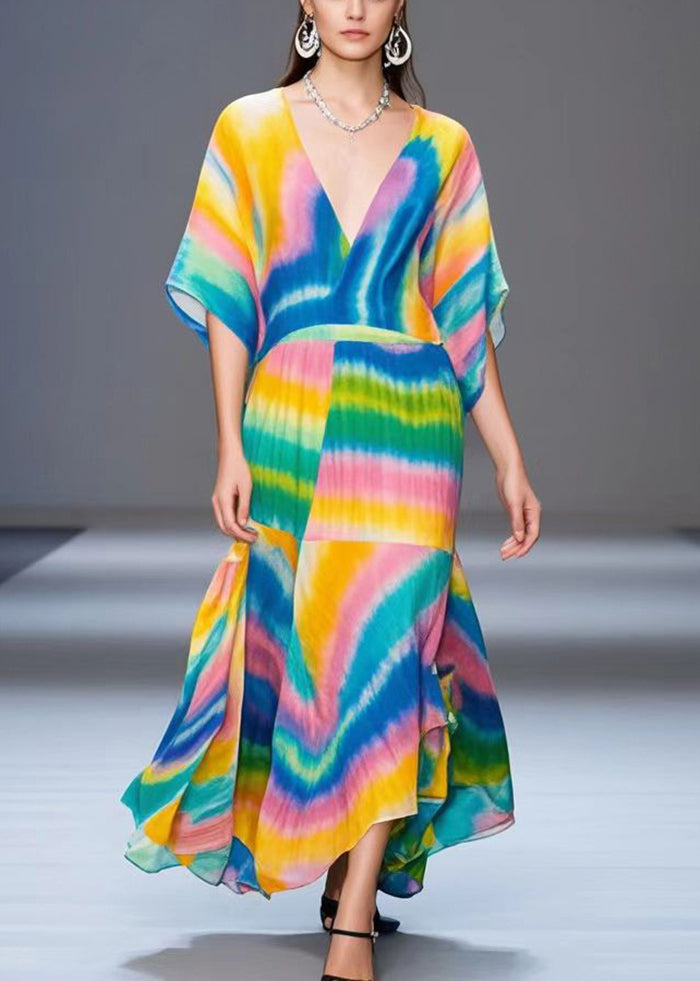 Style Rainbow V Neck Tie Dye Chiffon Ankle Dress Batwing Sleeve
