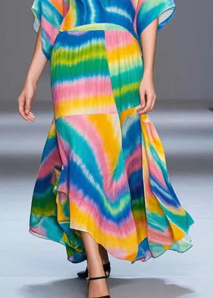 Style Rainbow V Neck Tie Dye Chiffon Ankle Dress Batwing Sleeve