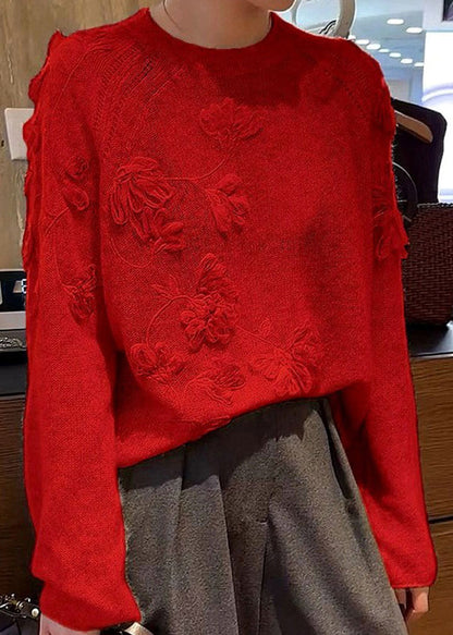 Style Red Cozy Embroidered Thick Cotton Knit Sweater Fall