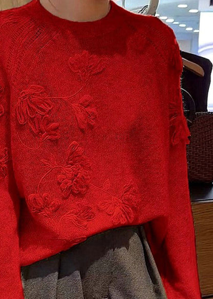 Style Red Cozy Embroidered Thick Cotton Knit Sweater Fall