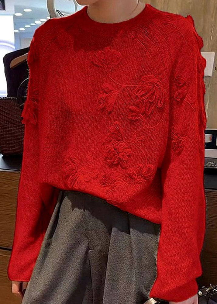 Style Red Cozy Embroidered Thick Cotton Knit Sweater Fall