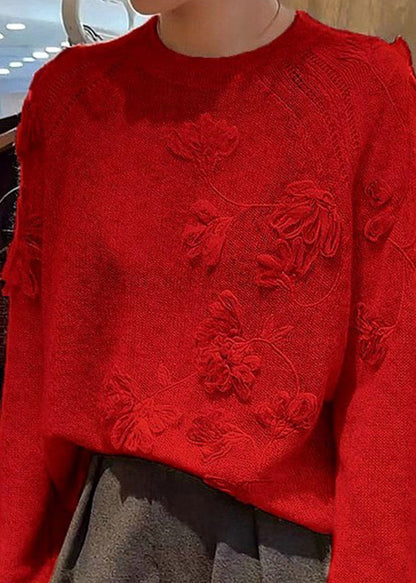 Style Red Cozy Embroidered Thick Cotton Knit Sweater Fall