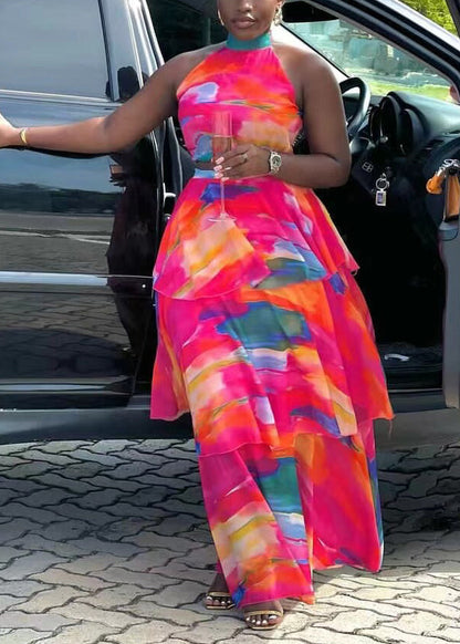 Style Red O-Neck Print Cold Shoulder Long Dress Summer