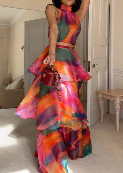 Style Red O-Neck Print Cold Shoulder Long Dress Summer