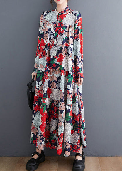 Style Red Oversized Patchwork Print Chiffon Vacation Dress Spring