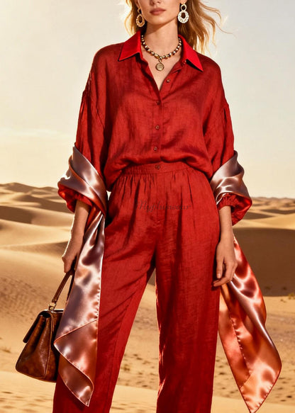 Style Red Peter Pan Collar Patchwork Linen Silk Two Pieces Set Spring