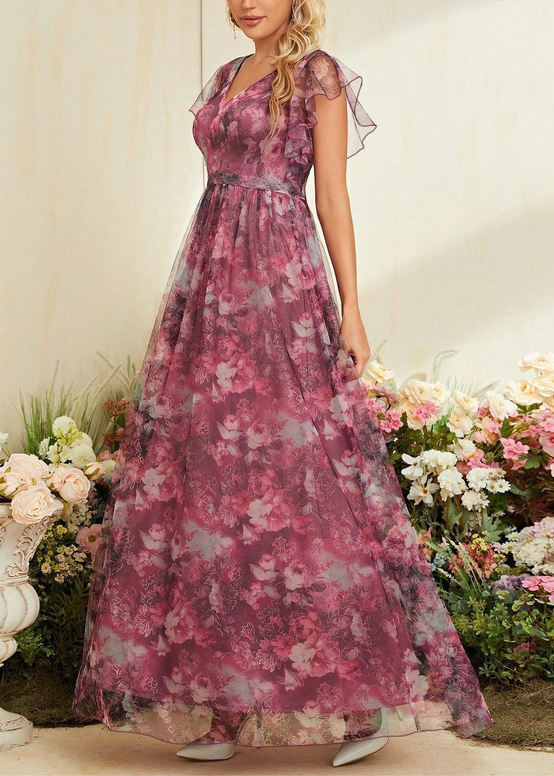 Style Red Print High Waist Tulle Maxi Dress Summer