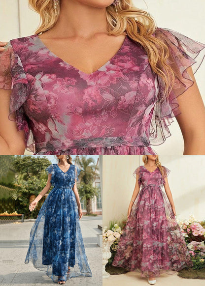 Style Red Print High Waist Tulle Maxi Dress Summer