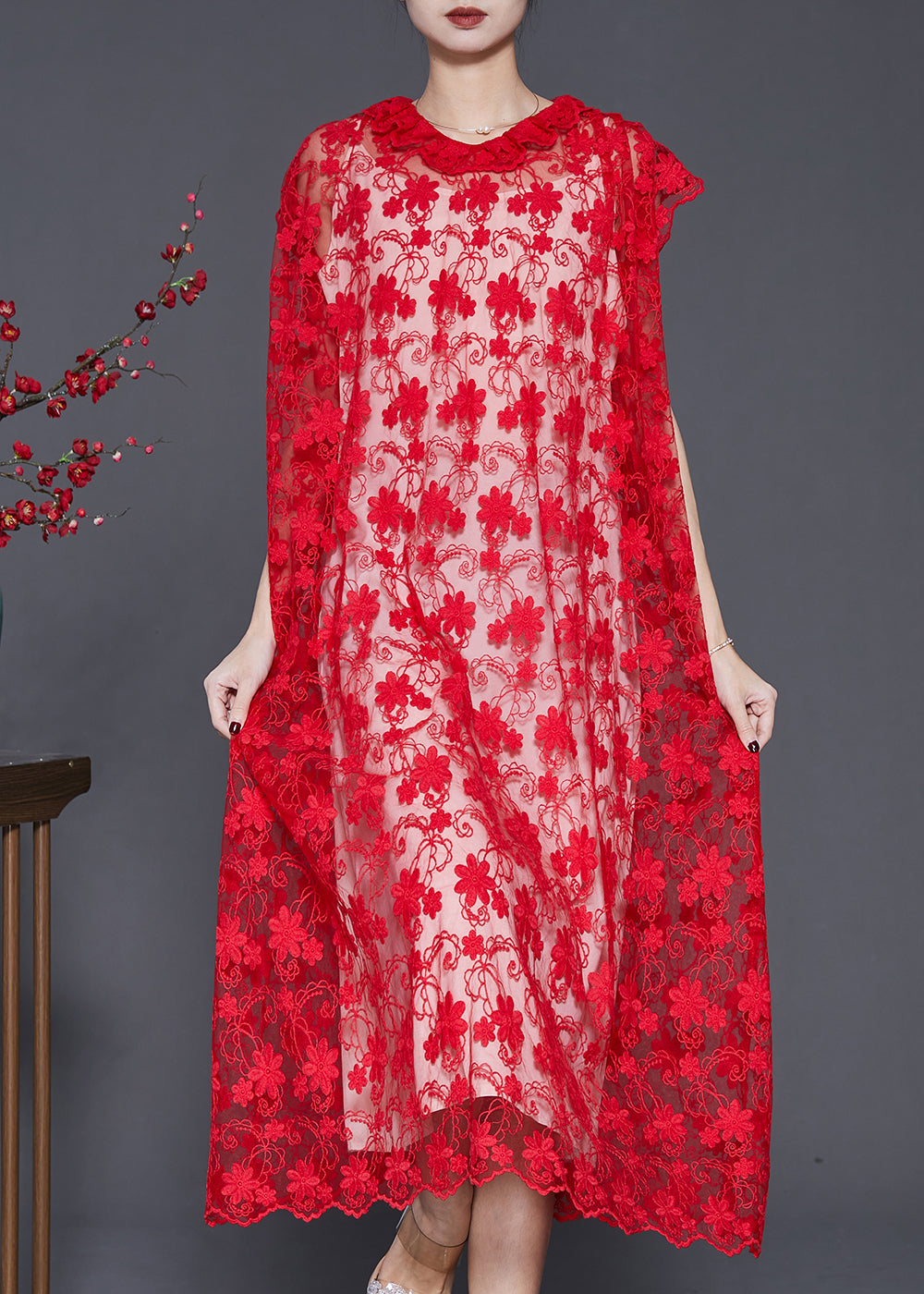 Style Red Ruffled Embroidered Hollow Out Tulle Dress Summer