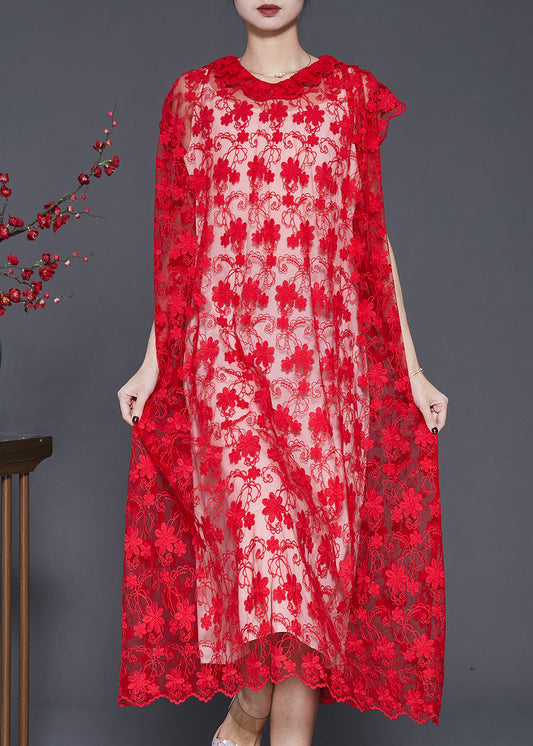 Style Red Ruffled Embroidered Hollow Out Tulle Dress Summer