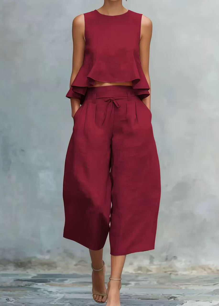 Style Red Ruffled Linen Women Sets 2 Pieces Sleeveless