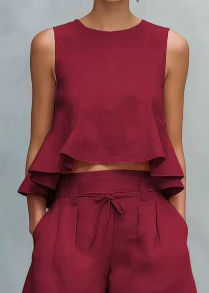 Style Red Ruffled Linen Women Sets 2 Pieces Sleeveless