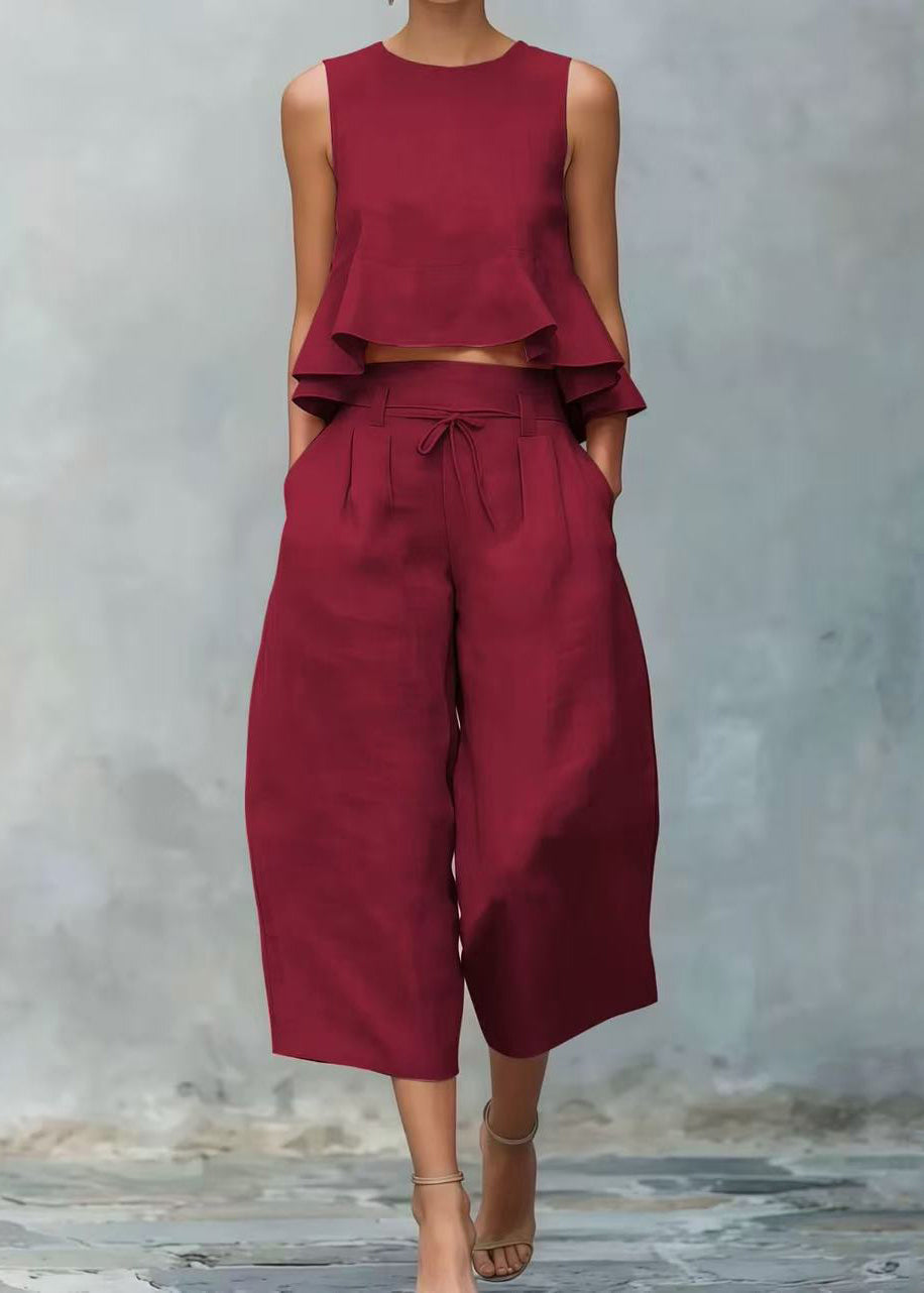 Style Red Ruffled Linen Women Sets 2 Pieces Sleeveless