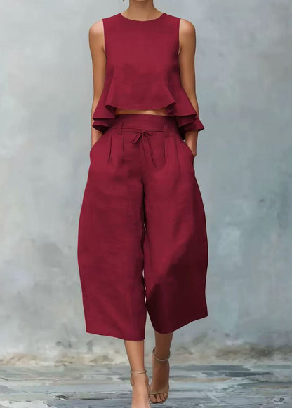 Style Red Ruffled Linen Women Sets 2 Pieces Sleeveless