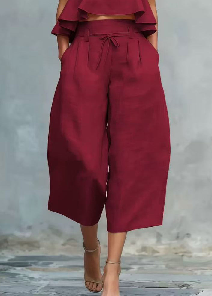 Style Red Ruffled Linen Women Sets 2 Pieces Sleeveless