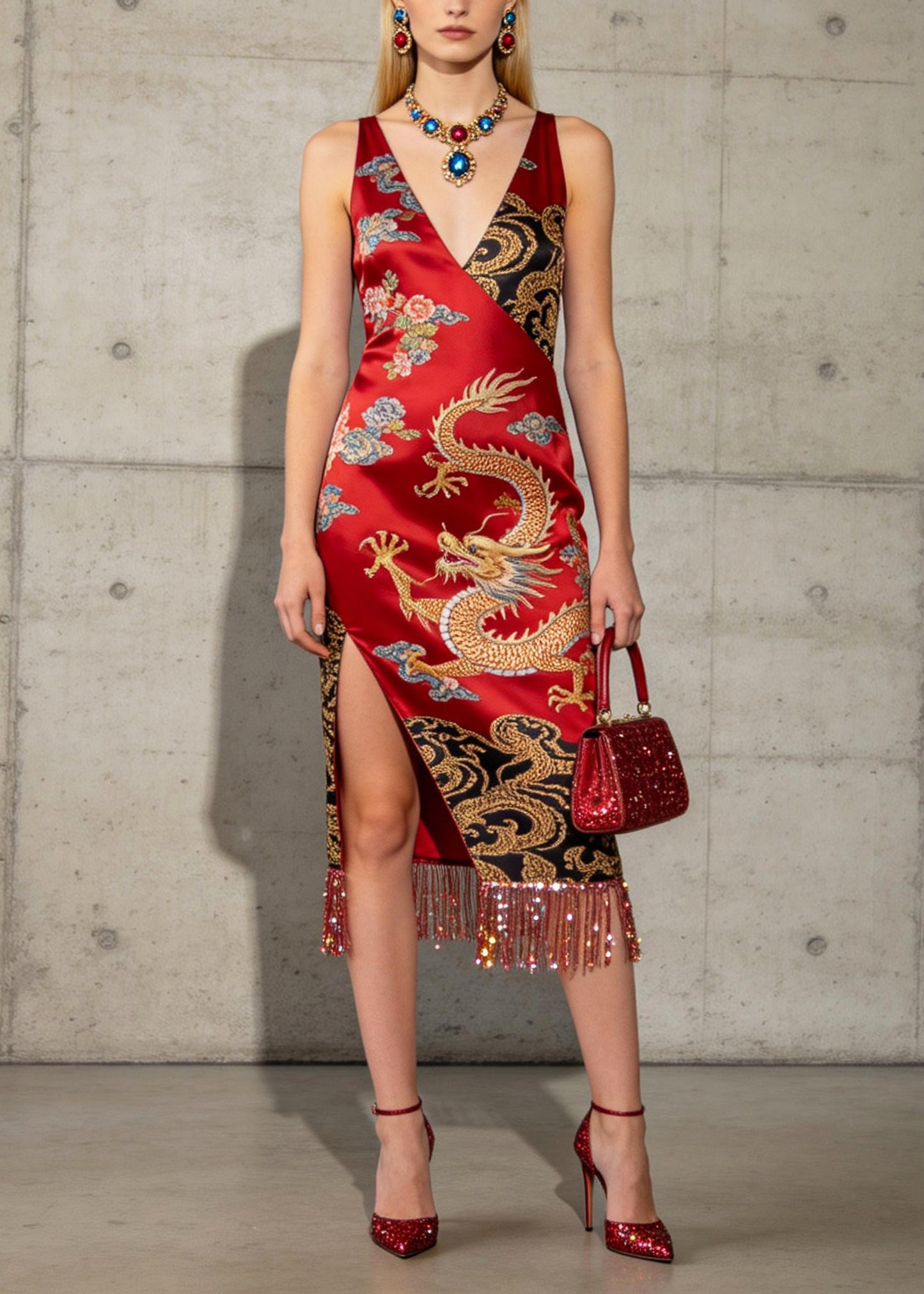 Style Red Tasseled Side Open Silk Long Dresses Summer
