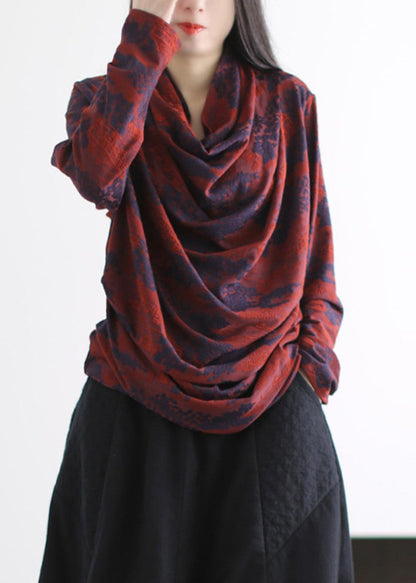 Style Red Turtle Neck Wrinkled Cotton Shirts Spring