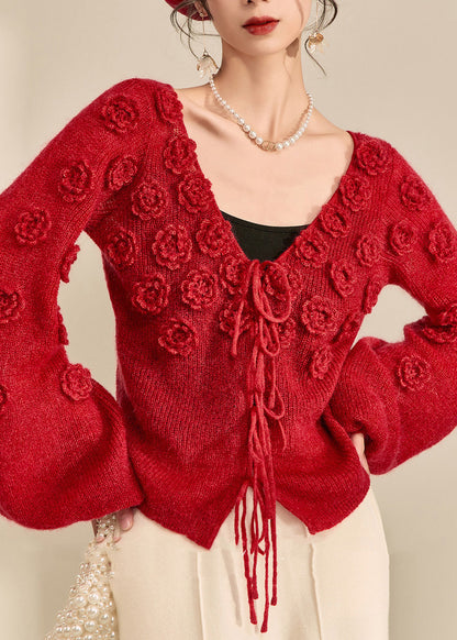 Style Red V Neck Drawstring Solid Cotton Knit Sweater Lantern Sleeve