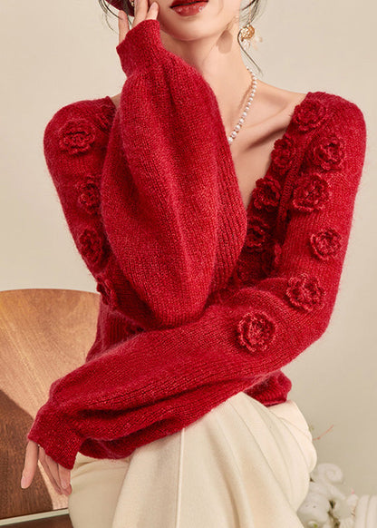 Style Red V Neck Drawstring Solid Cotton Knit Sweater Lantern Sleeve