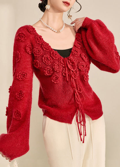 Style Red V Neck Drawstring Solid Cotton Knit Sweater Lantern Sleeve