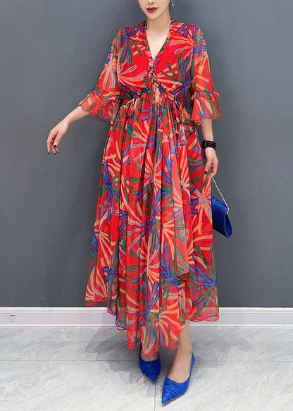 Style Red V Neck Drawstring Vacation Chiffon Maxi Dresses Summer