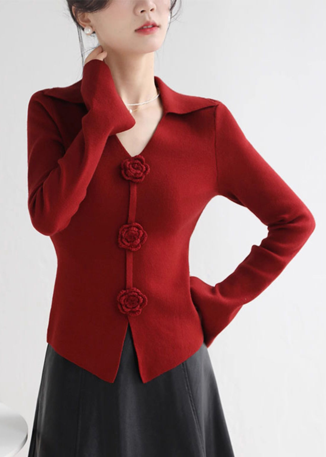 Style Red V Neck Floral Slim Fit Knit Sweater Spring