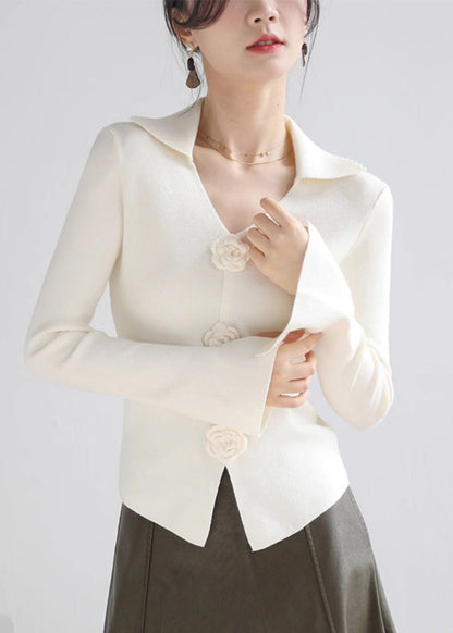 Style Red V Neck Floral Slim Fit Knit Sweater Spring