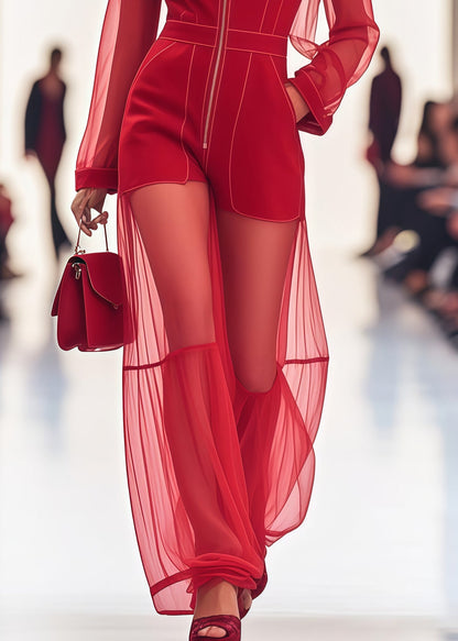 Style Red Zip Up Patchwork Tulle Overalls Jumpsuit Summer