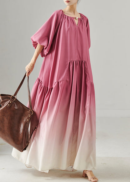 Style Rose Oversized Patchwork Gradient Color Cotton Long Dresses Lantern Sleeve