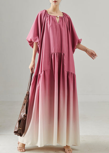 Style Rose Oversized Patchwork Gradient Color Cotton Long Dresses Lantern Sleeve