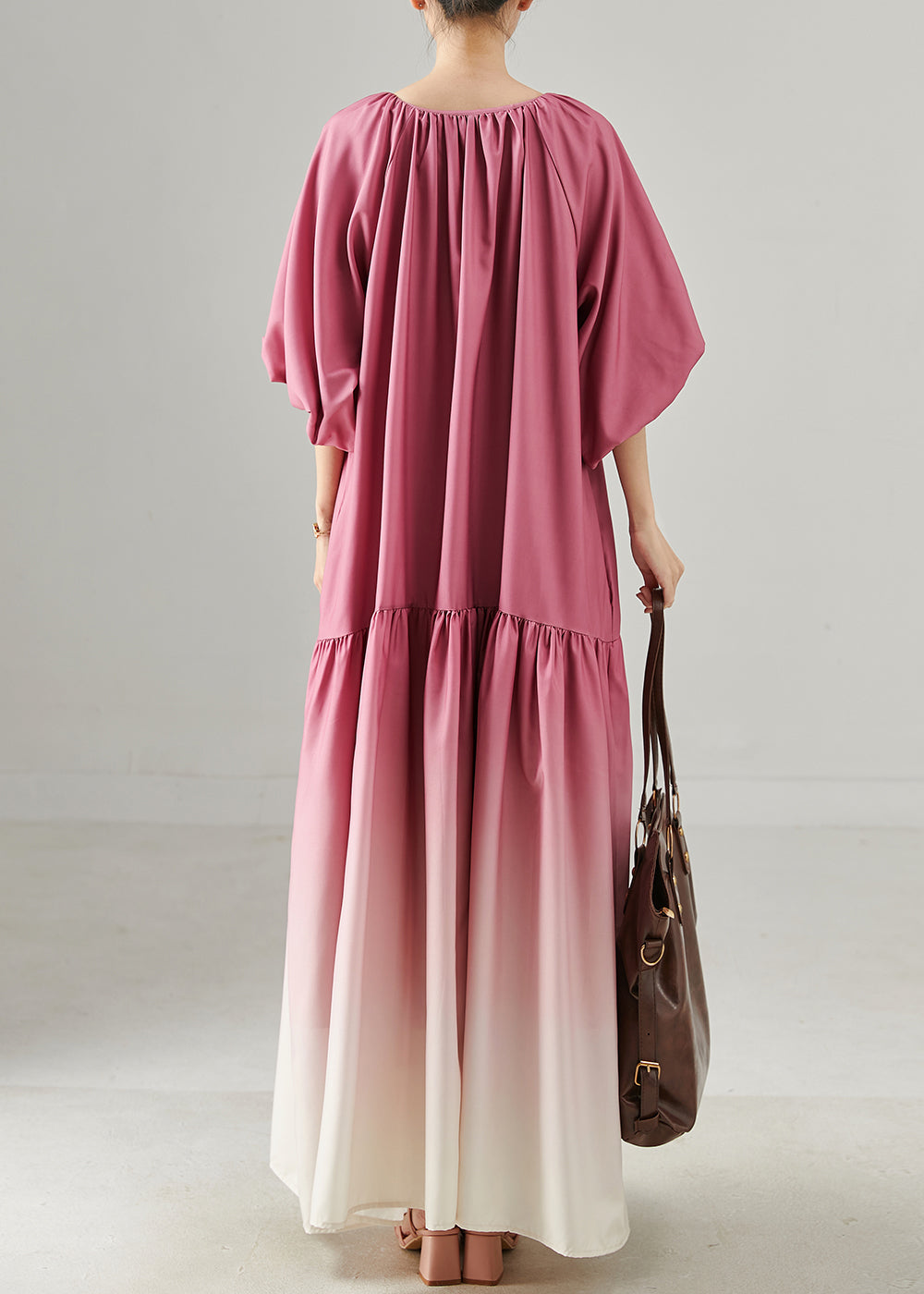 Style Rose Oversized Patchwork Gradient Color Cotton Long Dresses Lantern Sleeve
