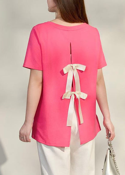 Style Rose Oversized Side Open Bow Cotton Tops Summer