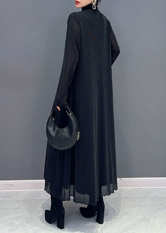 Style Rose Turtleneck Patchwork Tulle Long Dress Long Sleeve