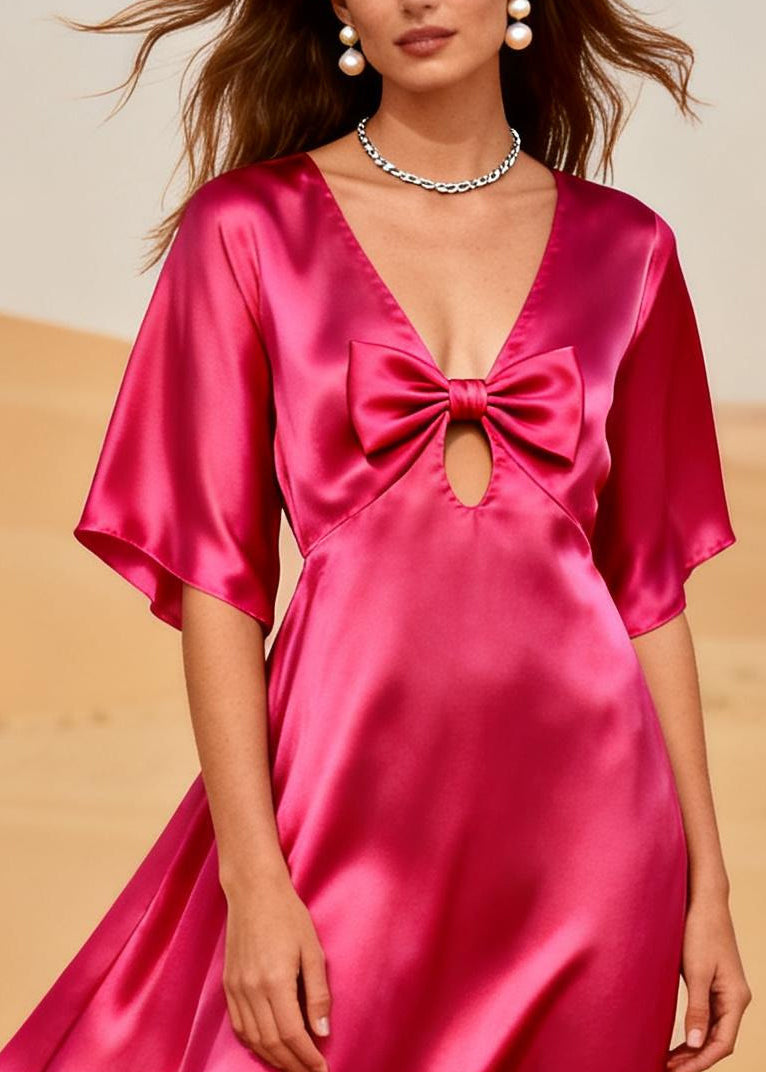 Style Rose V Neck Patchwork Silk Vacation Dresses Summer