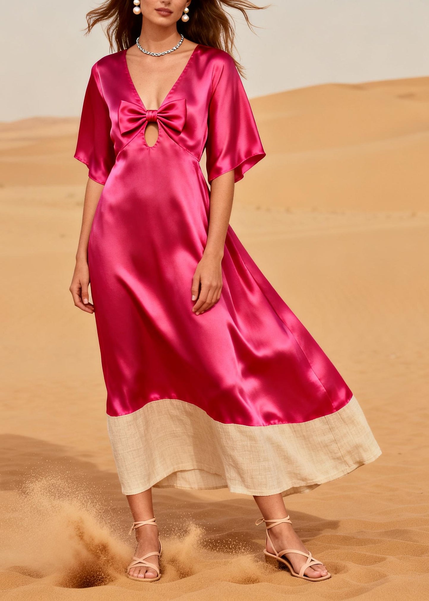Style Rose V Neck Patchwork Silk Vacation Dresses Summer