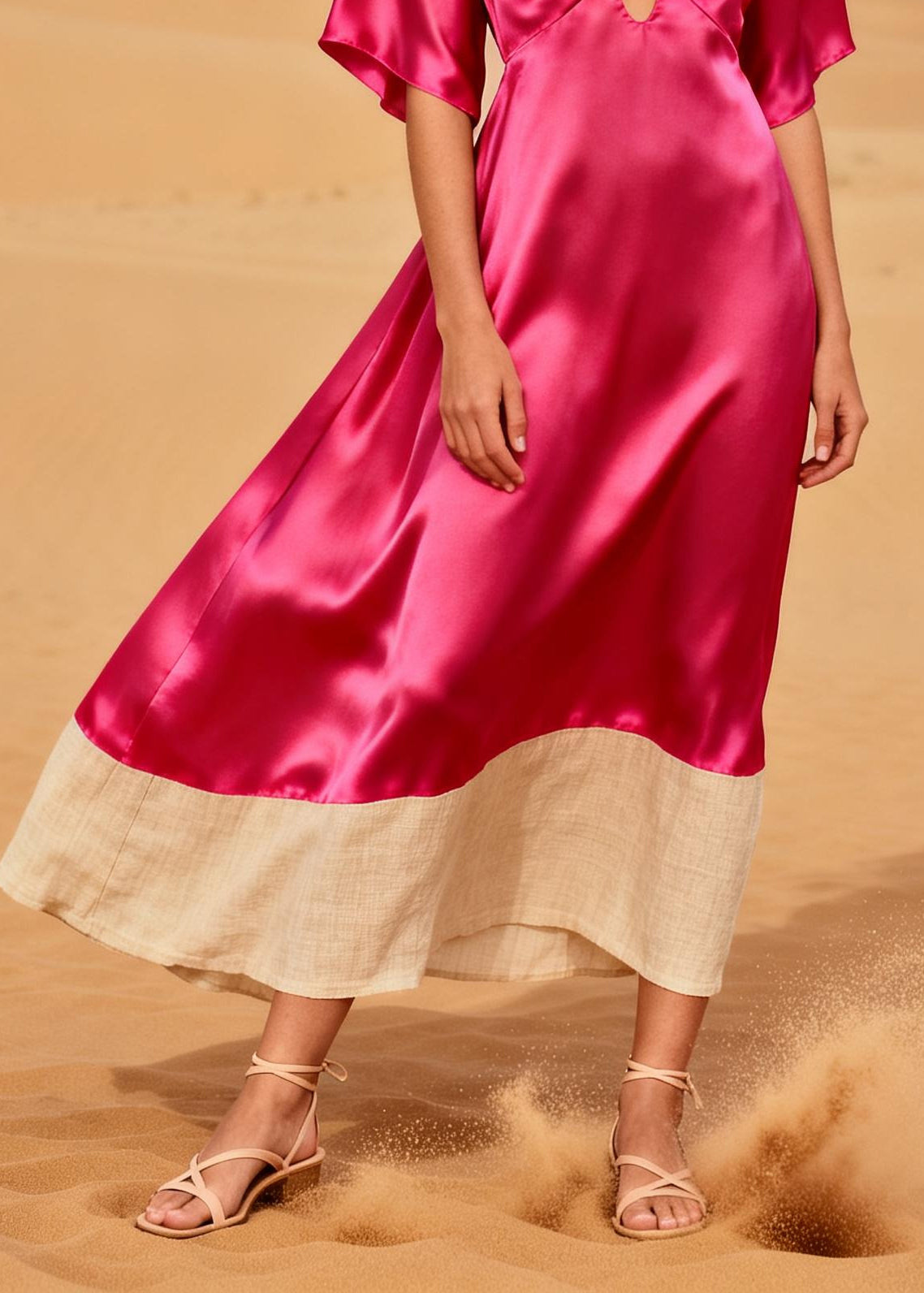 Style Rose V Neck Patchwork Silk Vacation Dresses Summer