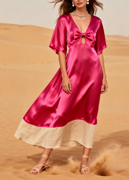 Style Rose V Neck Patchwork Silk Vacation Dresses Summer