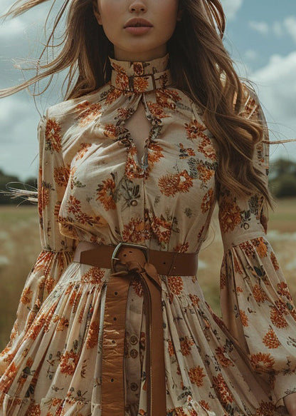 Style Ruffled Print Button Cotton Mini Dress Lantern Sleeve