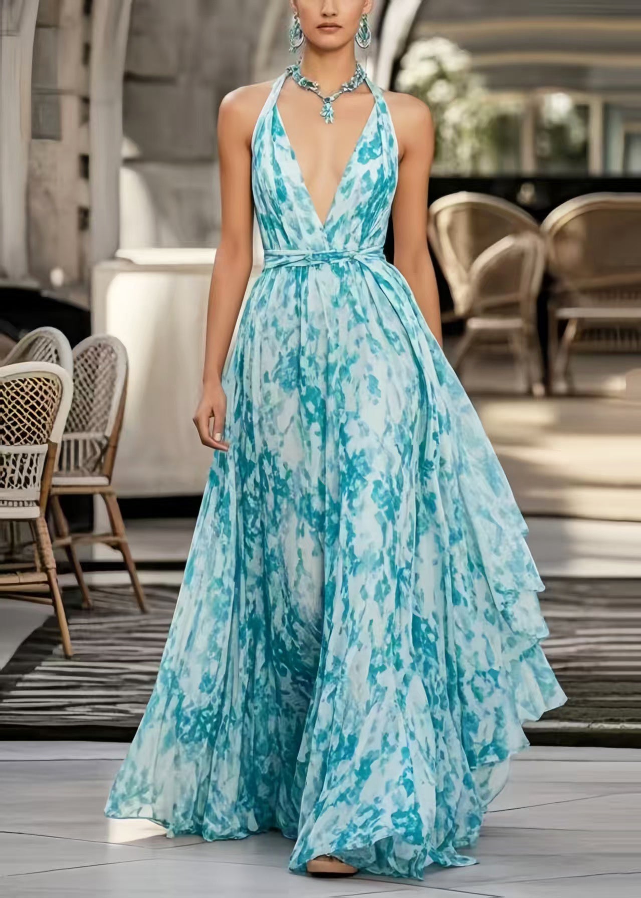 Style Sea Blue Tie Dye Exra Large Hem Chiffon Halter Beach Dress Summer