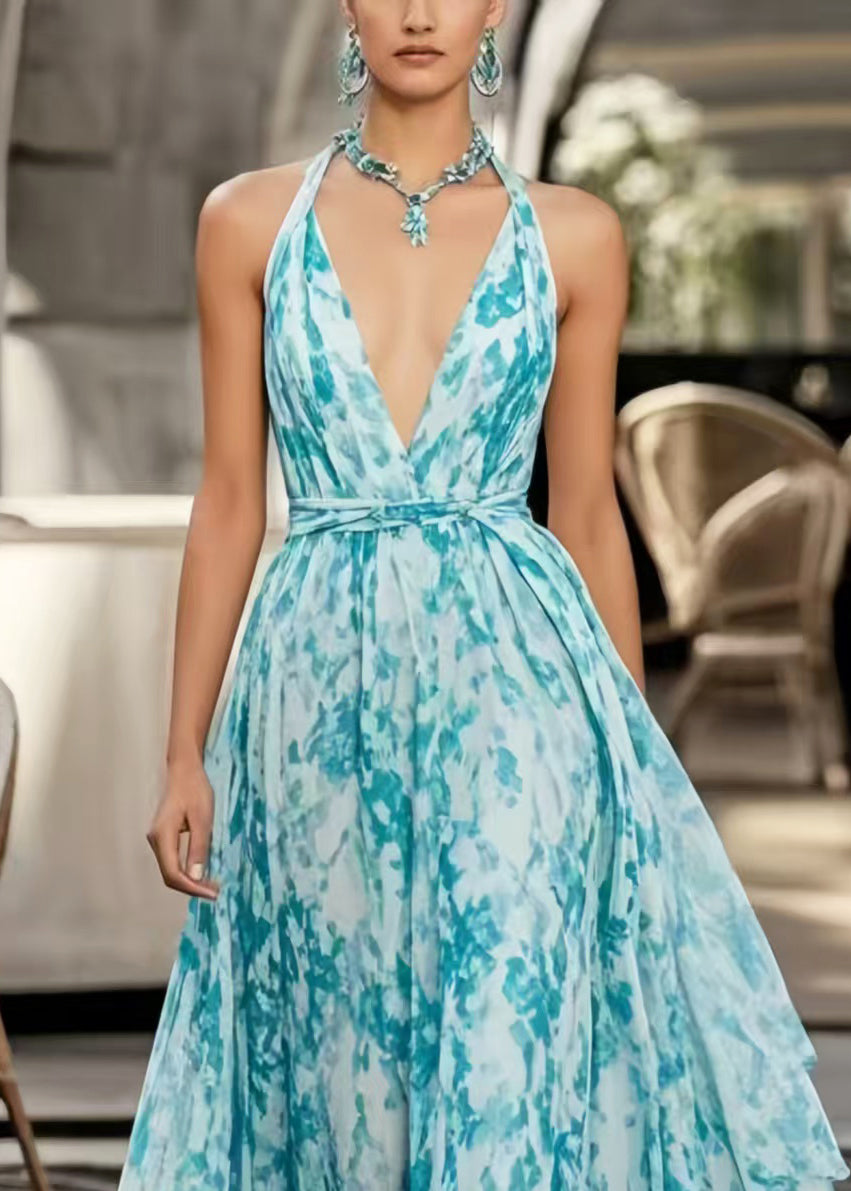 Style Sea Blue Tie Dye Exra Large Hem Chiffon Halter Beach Dress Summer