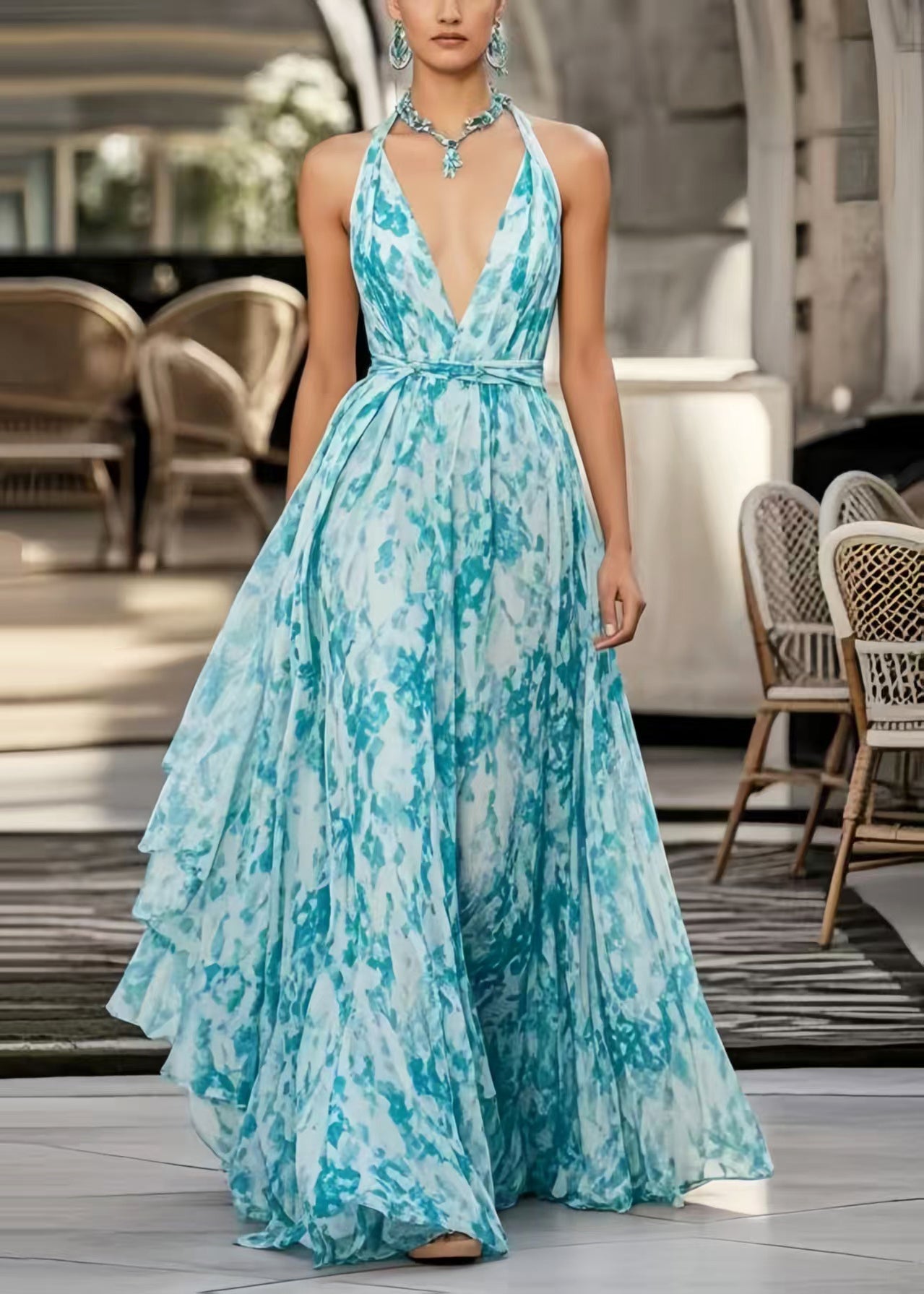 Style Sea Blue Tie Dye Exra Large Hem Chiffon Halter Beach Dress Summer