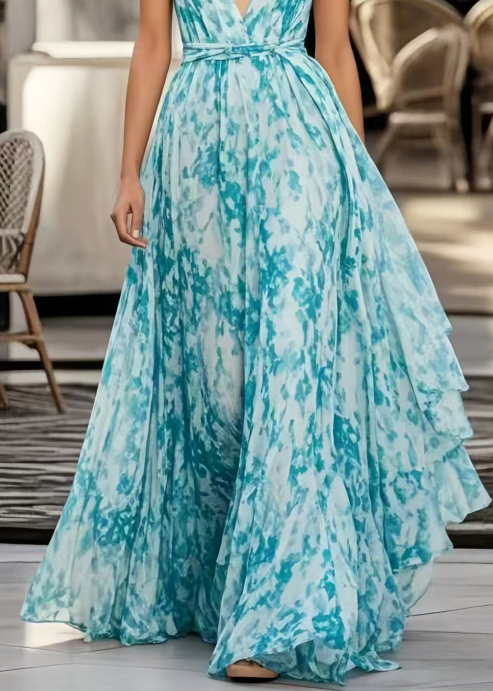 Style Sea Blue Tie Dye Exra Large Hem Chiffon Halter Beach Dress Summer