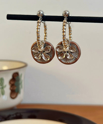 Style Silk Slterling Silver Floral Beading Hoop Earrings