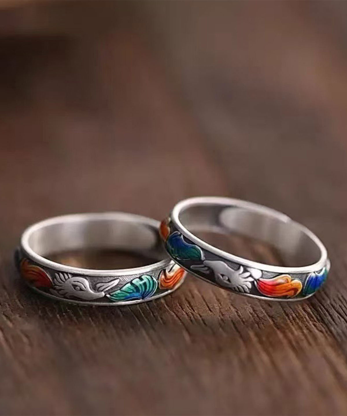 Style Silk Sterling Silver Enamel Nine-Tailed Fox Open Rings