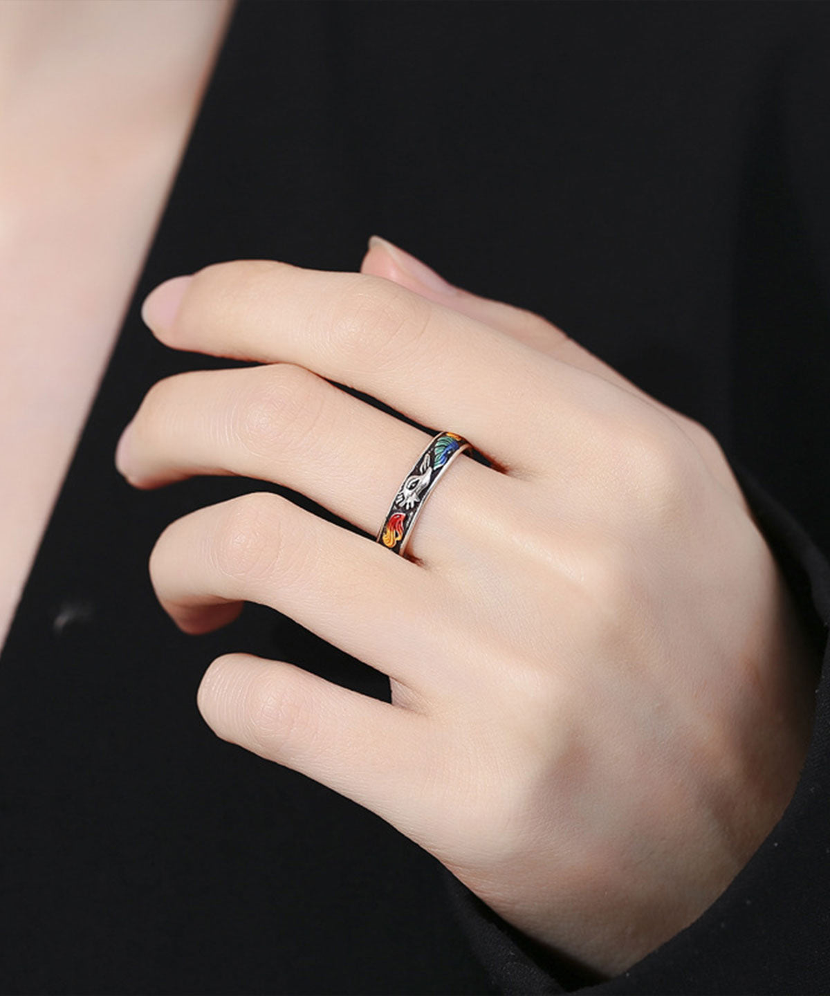 Style Silk Sterling Silver Enamel Nine-Tailed Fox Open Rings