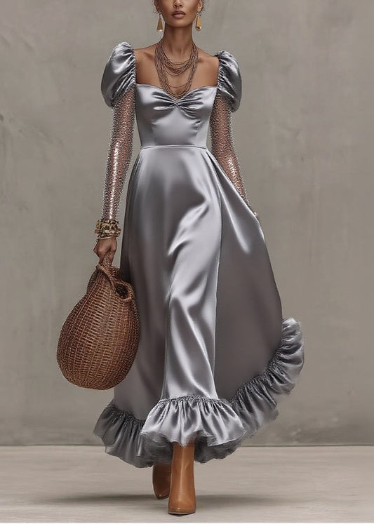 Style Silvery Puff Sleeve Patchwork Tulle Exra Large Hem Party Dress