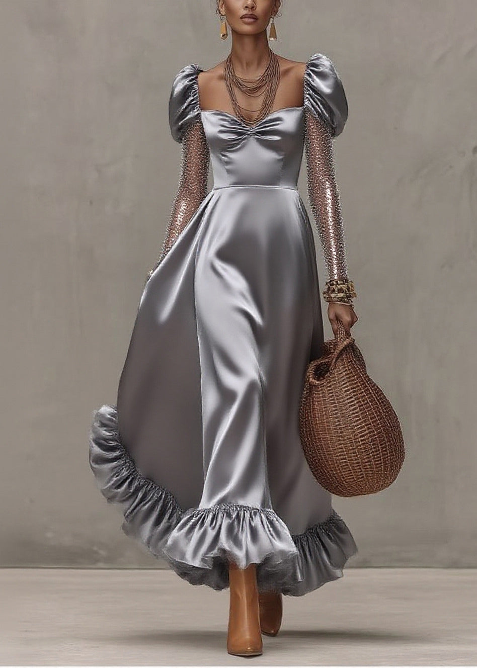 Style Silvery Puff Sleeve Patchwork Tulle Exra Large Hem Party Dress