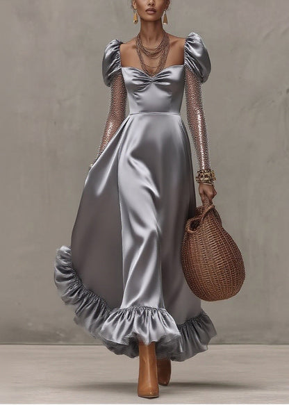 Style Silvery Puff Sleeve Patchwork Tulle Exra Large Hem Party Dress