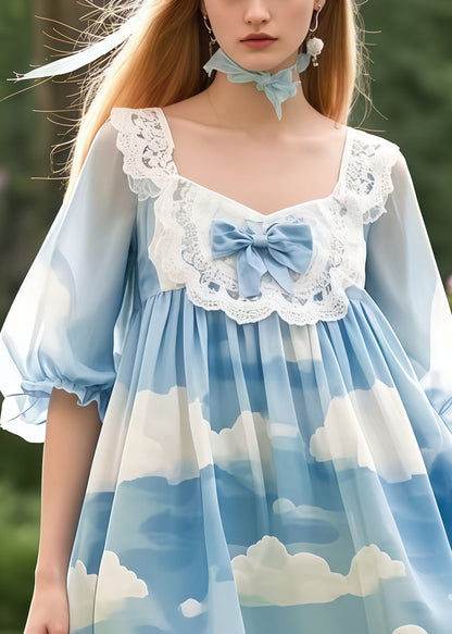 Style Sky Blue Oversized Print Chiffon Mini Dresses Summer